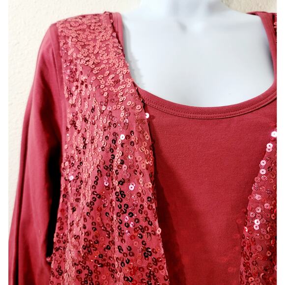Denim 24/7 Red Brownish 2 In 1 Sequin Round Neck Top 1X Lightweight Stretch Soft - Picture 5 of 7